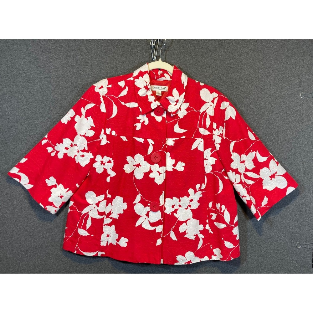 Coldwater Creek Red White Floral Jacquard Button Front Swing Jacket Womens‎ 12
